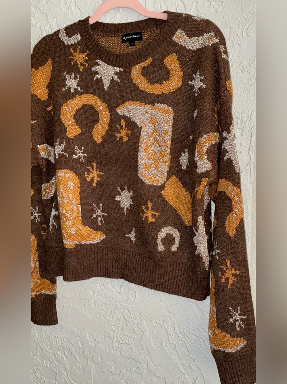 Aqua Blues Brown, Mustard & Cream Western Graphic Crewneck Sweater - Picture 4 of 8